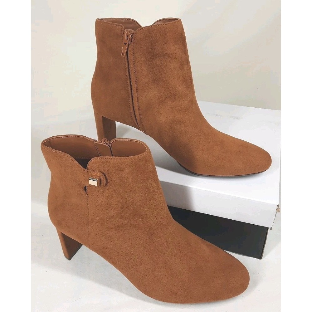 Alfani Women Paam Sculpted Heel Ankle Booties Size US 8M Cognac Brown Faux Suede